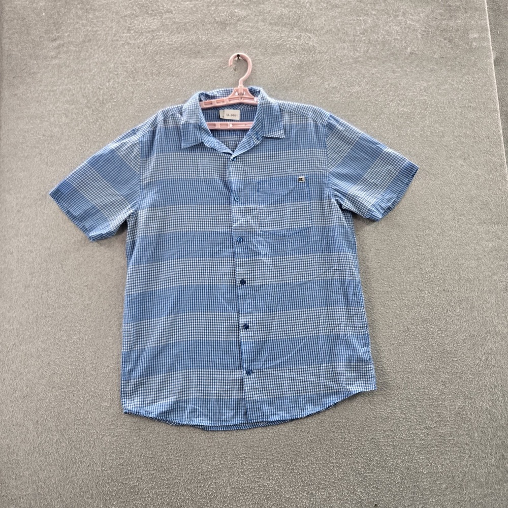 DC Men Button Up Shirt L Blue Check Short Sleeve Y2K‎